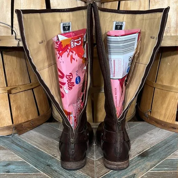 Frye Philip Harness Tall 76850 Brown Leather Back-Zip Riding Boots Womens Size 8