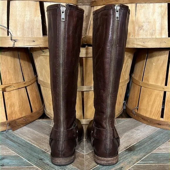Frye Philip Harness Tall 76850 Brown Leather Back-Zip Riding Boots Womens Size 8