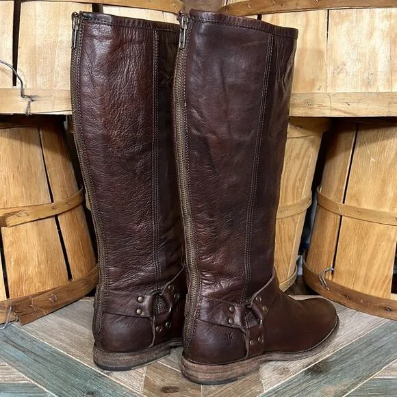Frye Philip Harness Tall 76850 Brown Leather Back-Zip Riding Boots Womens Size 8
