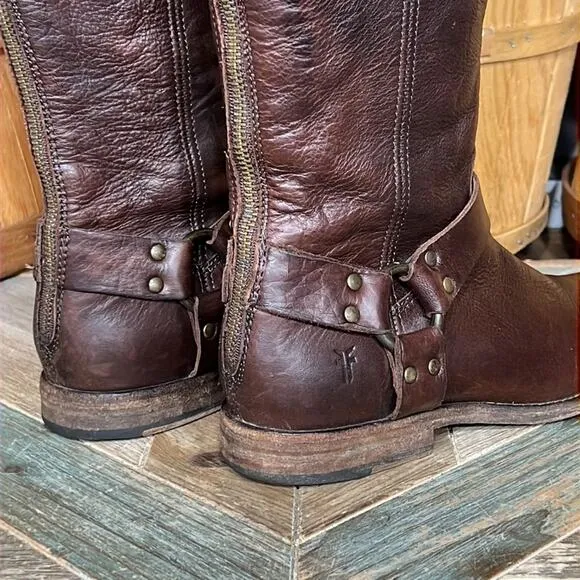 Frye Philip Harness Tall 76850 Brown Leather Back-Zip Riding Boots Womens Size 8