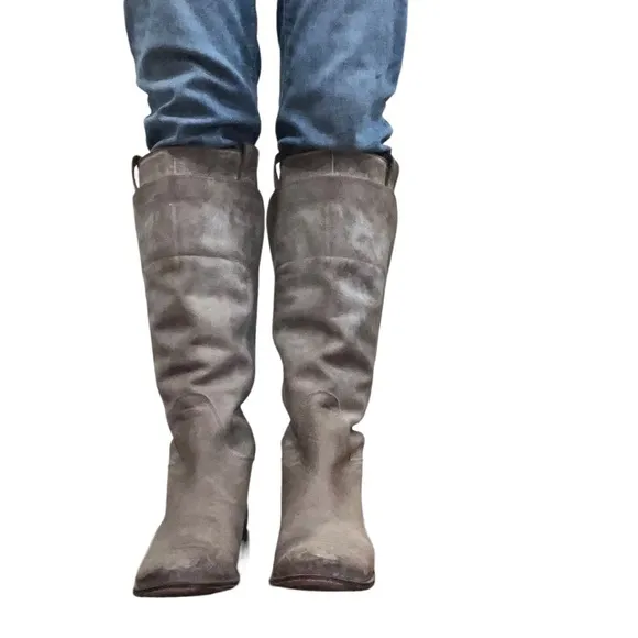 Frye Tall Gray Distressed Leather Paige Riding Boots
