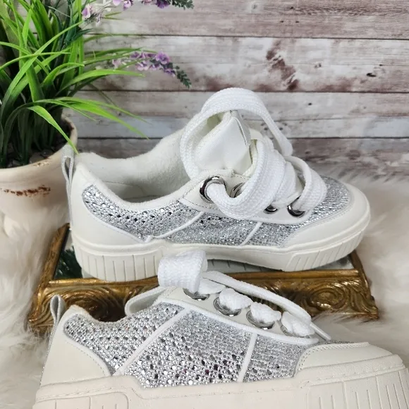 GIANNI BINI, Stylish White, Silver and clear stones, Women's Sneakers, Sz 8.5