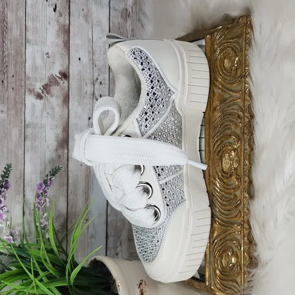 GIANNI BINI, Stylish White, Silver and clear stones, Women's Sneakers, Sz 8.5