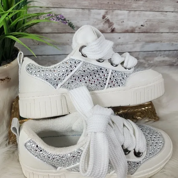 GIANNI BINI, Stylish White, Silver and clear stones, Women's Sneakers, Sz 8.5