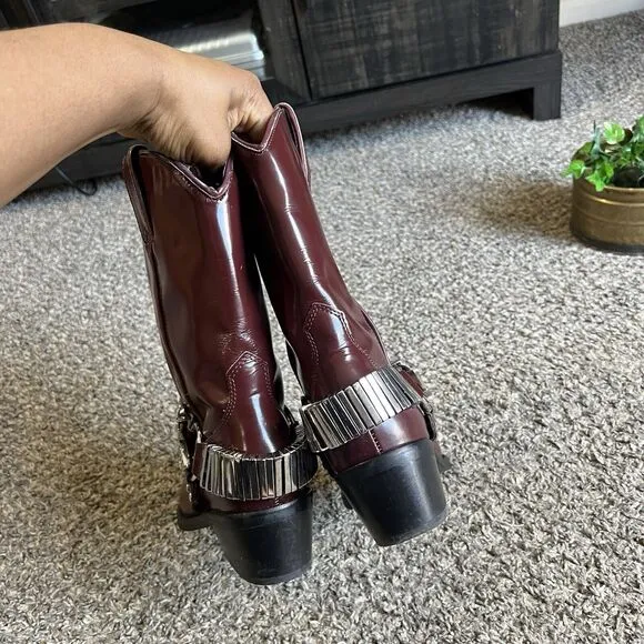 Heiress Western Harness Boots Women Size 38 US 8 Red Burgundy Pointed Toe Studs