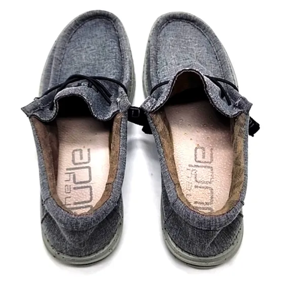 HEY DUDE WALLY STRETCH SHOES COLOR STEEL MENS 9 NICE REMOVABLE INSOLES GUC
