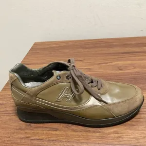 Hogan Womens’ Brown Suede &amp; Olive Green Leather Low Top Sneaker. Size EU 36.5.