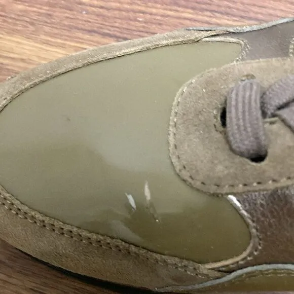 Hogan Womens’ Brown Suede &amp; Olive Green Leather Low Top Sneaker. Size EU 36.5.