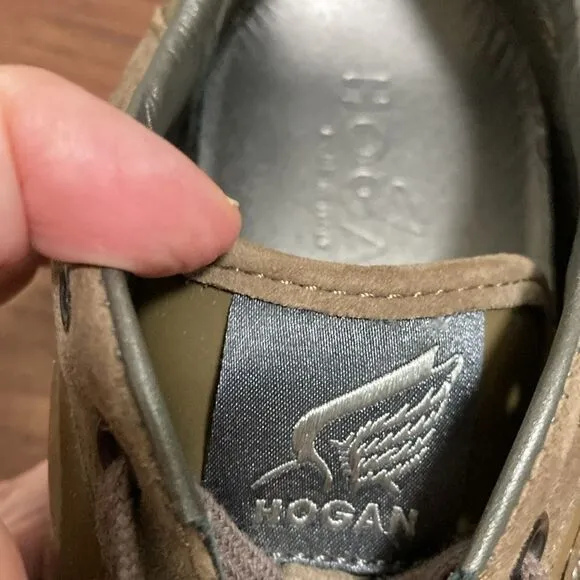 Hogan Womens’ Brown Suede &amp; Olive Green Leather Low Top Sneaker. Size EU 36.5.