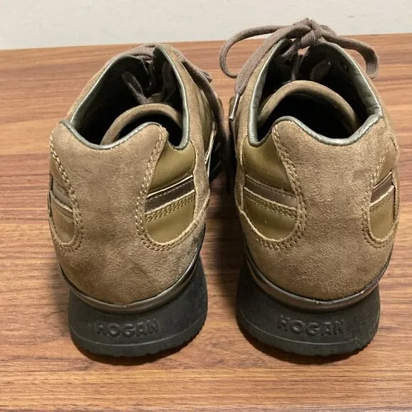 Hogan Womens’ Brown Suede &amp; Olive Green Leather Low Top Sneaker. Size EU 36.5.