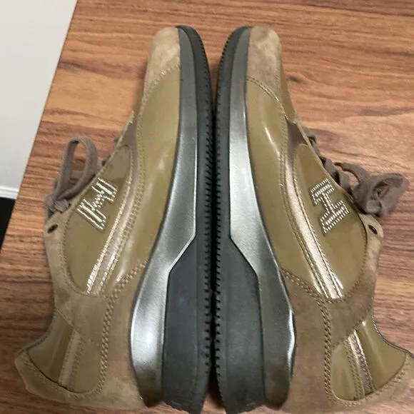 Hogan Womens’ Brown Suede &amp; Olive Green Leather Low Top Sneaker. Size EU 36.5.