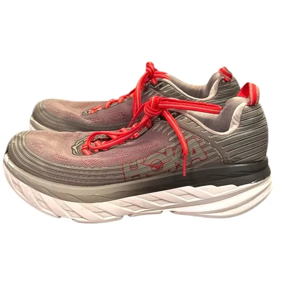 Hoka One One Bondi 6 Running Shoe Sneaker Size 9 Alloy Steel Gray &amp; Red 1019269