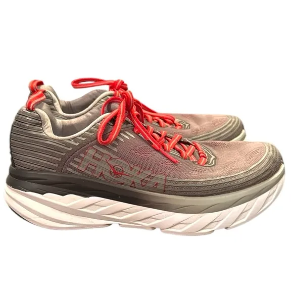 Hoka One One Bondi 6 Running Shoe Sneaker Size 9 Alloy Steel Gray &amp; Red 1019269