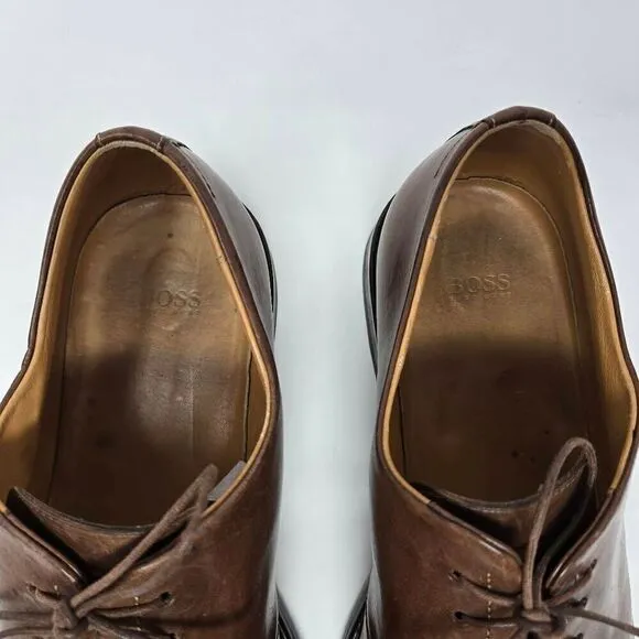 HUGO BOSS ITALY BROWN LEATHER SQUARE APRON TOE DERBY SHOES MENS SIZE 11 US