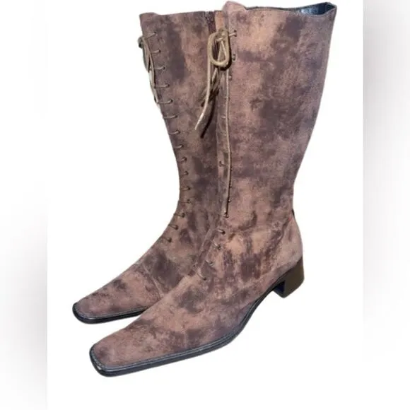 Italian Flavio Zanasca Brown Suede Leather Lace Up Heeled Designer Boots size