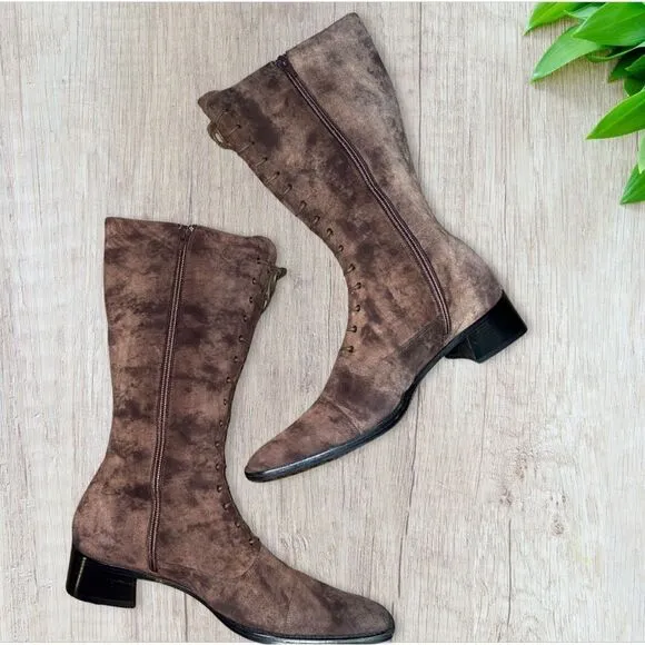Italian Flavio Zanasca Brown Suede Leather Lace Up Heeled Designer Boots size