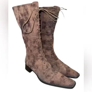 Italian Flavio Zanasca Brown Suede Leather Lace Up Heeled Designer Boots size