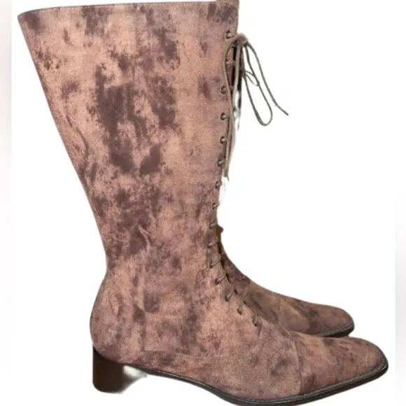 Italian Flavio Zanasca Brown Suede Leather Lace Up Heeled Designer Boots size