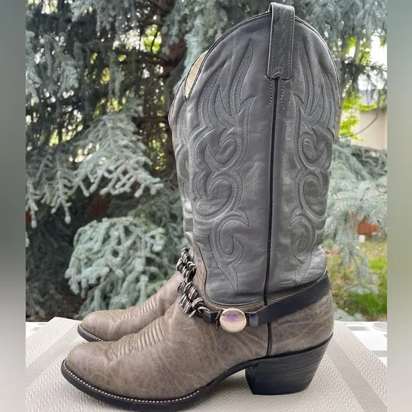 J. Chisholm Vintage Made in USA Taupe &amp; Gray Leather Pointed Toe Cowboy Boots