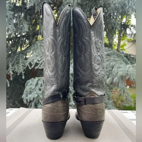 J. Chisholm Vintage Made in USA Taupe &amp; Gray Leather Pointed Toe Cowboy Boots