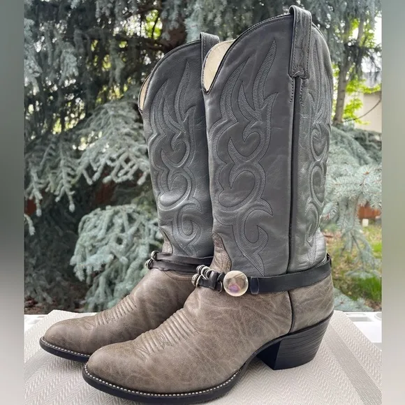 J. Chisholm Vintage Made in USA Taupe &amp; Gray Leather Pointed Toe Cowboy Boots