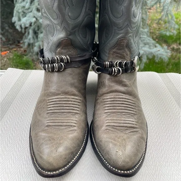 J. Chisholm Vintage Made in USA Taupe &amp; Gray Leather Pointed Toe Cowboy Boots