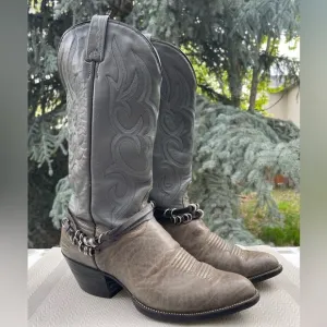 J. Chisholm Vintage Made in USA Taupe &amp; Gray Leather Pointed Toe Cowboy Boots