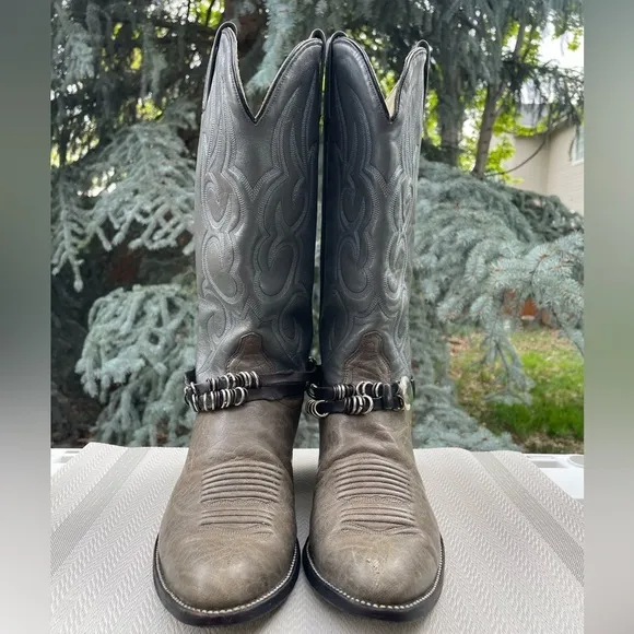 J. Chisholm Vintage Made in USA Taupe &amp; Gray Leather Pointed Toe Cowboy Boots