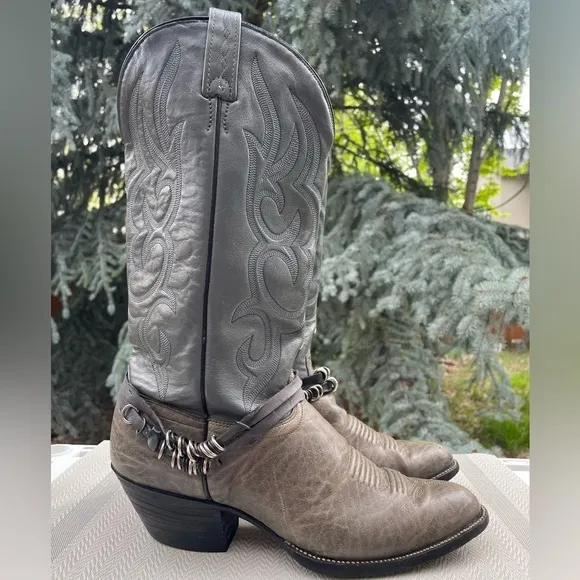J. Chisholm Vintage Made in USA Taupe &amp; Gray Leather Pointed Toe Cowboy Boots