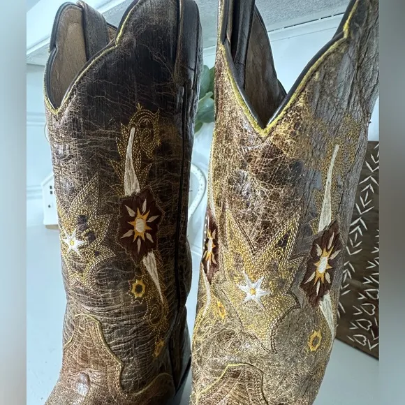 J.B. Dillon Goat Skin Rustic Brown Embroidered Cowboy Boots Women’s - Size 9B