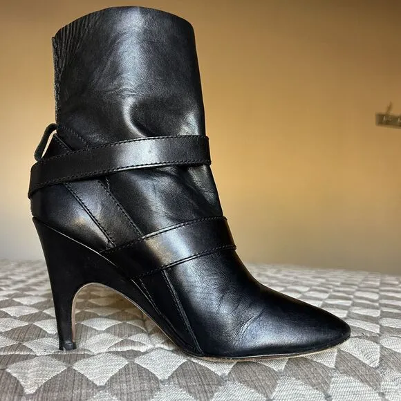Jean-Michel Cazabat Vita Wrap Strap Black Leather Ankle Boots Women EU 37.5 US 7