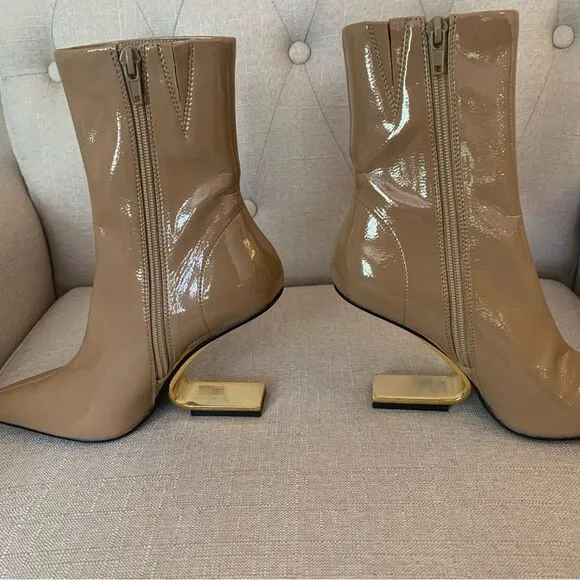 Jeffrey Campbell Compass Tan Patent and Gold Heel Pointed Toe Boots Size 5