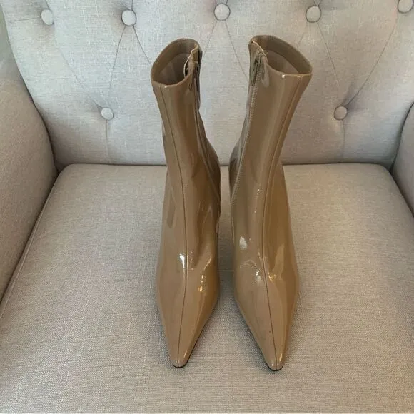 Jeffrey Campbell Compass Tan Patent and Gold Heel Pointed Toe Boots Size 5