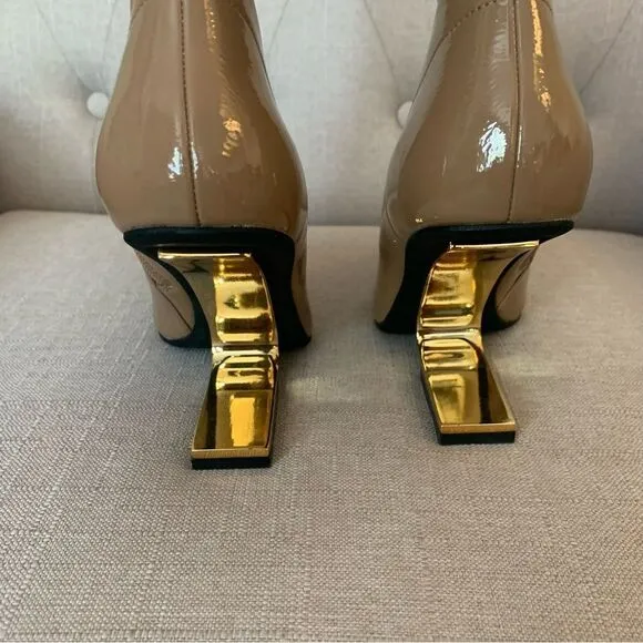 Jeffrey Campbell Compass Tan Patent and Gold Heel Pointed Toe Boots Size 5