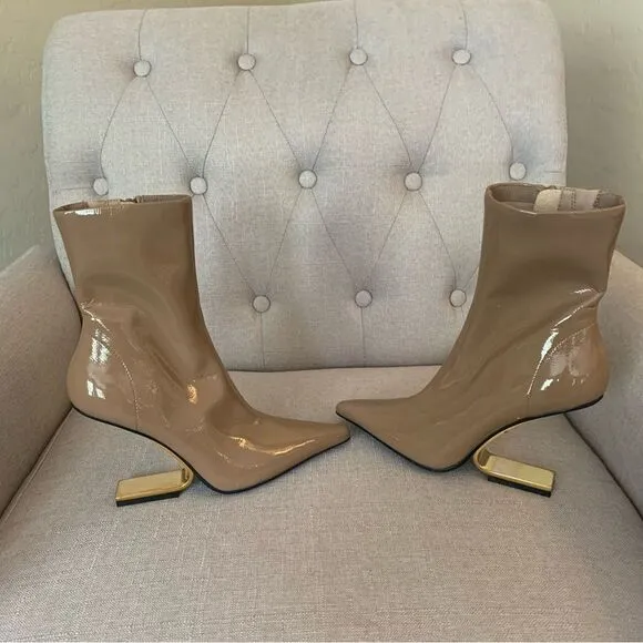 Jeffrey Campbell Compass Tan Patent and Gold Heel Pointed Toe Boots Size 5