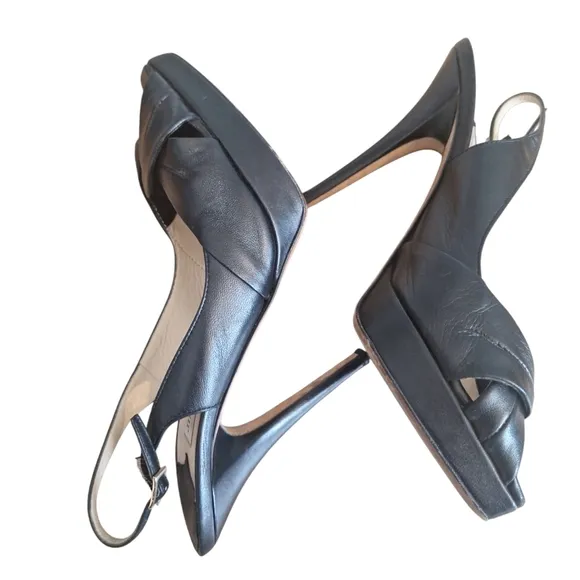 Jimmy Choo Black Criss Cross Peep Toe Sling Back Strap Leather Heels Sho…
