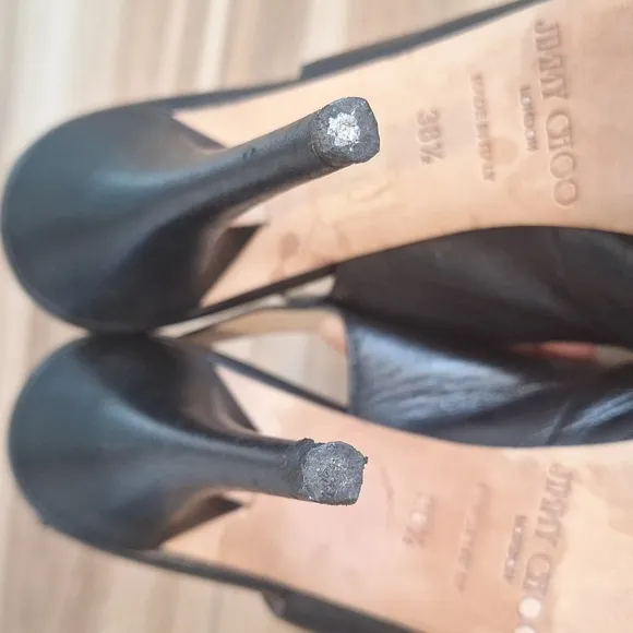 Jimmy Choo Black Criss Cross Peep Toe Sling Back Strap Leather Heels Sho…