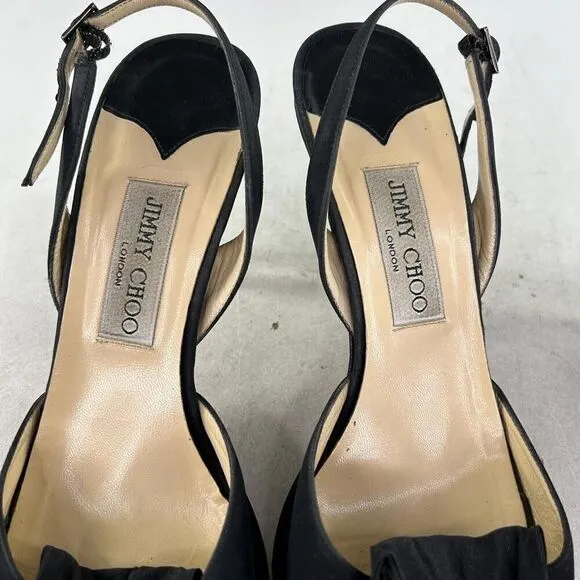 JIMMY CHOO Women's Bow Ruffle Rhinestone Shoes US 8.5 Black Peep-Toe Pumps