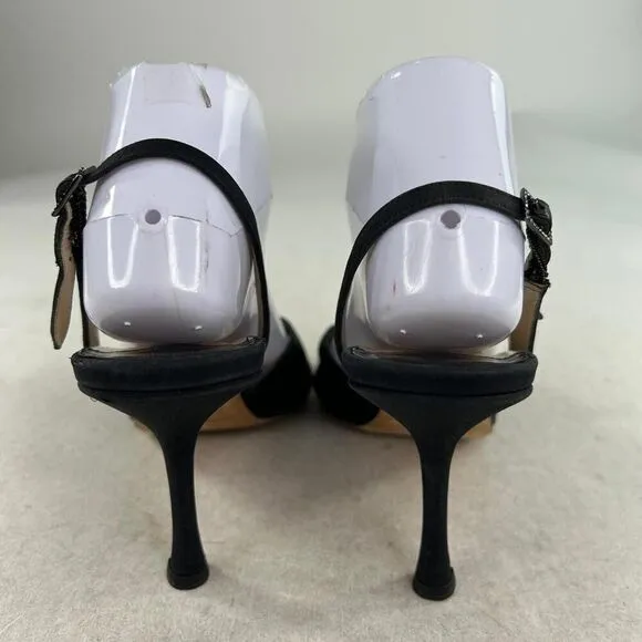 JIMMY CHOO Women's Bow Ruffle Rhinestone Shoes US 8.5 Black Peep-Toe Pumps