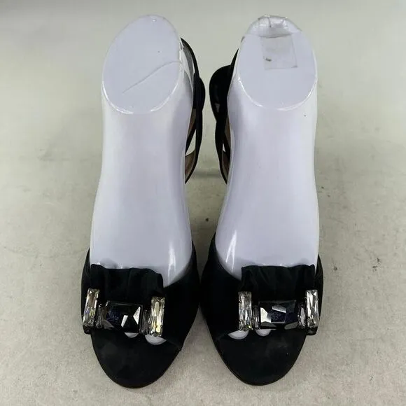 JIMMY CHOO Women's Bow Ruffle Rhinestone Shoes US 8.5 Black Peep-Toe Pumps