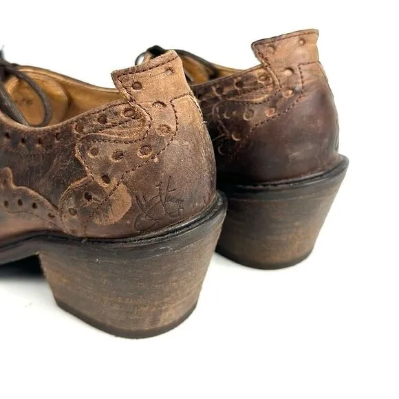 John FLUEVOG ADRIANA LOIS Brown Leather Lace Up Western Shoes Ankle Booties 6