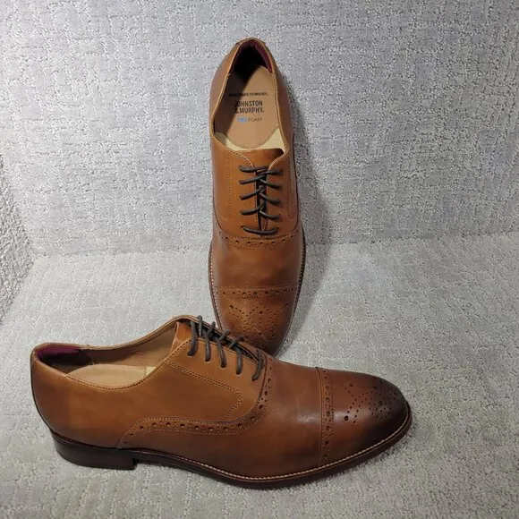 Johnston &amp; Murphy Conard 2.0 Cap Toe Mens Size 14W Tan Full Grain Oxford Shoes
