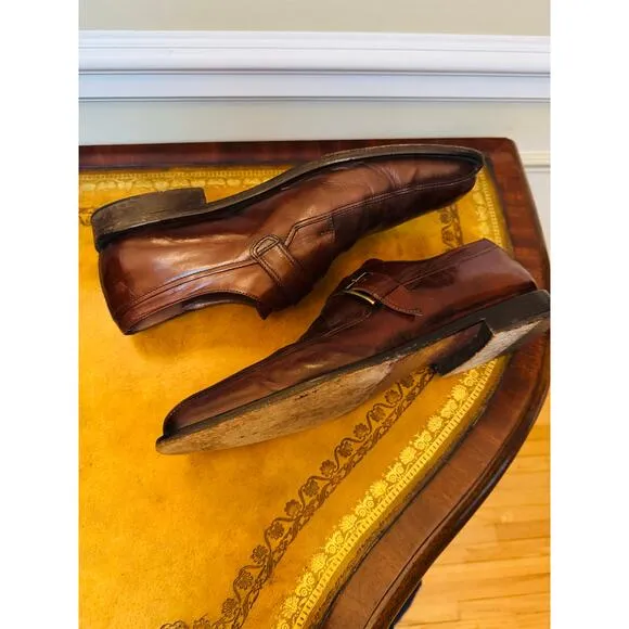 Johnston &amp; Murphy Mens Brown Buckle Square Toe Leather Slip On Shoes Sz 9.5
