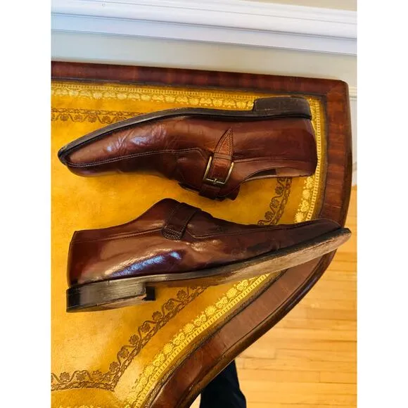 Johnston &amp; Murphy Mens Brown Buckle Square Toe Leather Slip On Shoes Sz 9.5