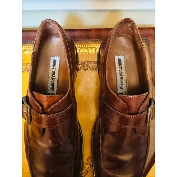 Johnston &amp; Murphy Mens Brown Buckle Square Toe Leather Slip On Shoes Sz 9.5