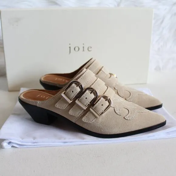 Joie Cabery Beige Western Buckles Block Heel Mule Shooties