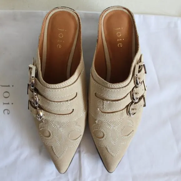 Joie Cabery Beige Western Buckles Block Heel Mule Shooties