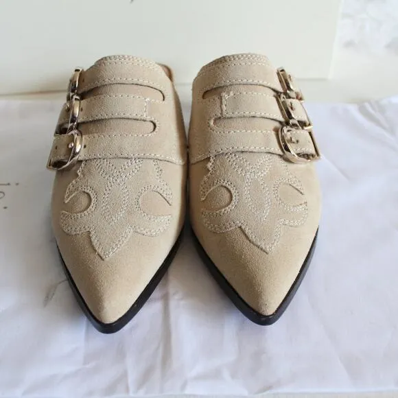 Joie Cabery Beige Western Buckles Block Heel Mule Shooties