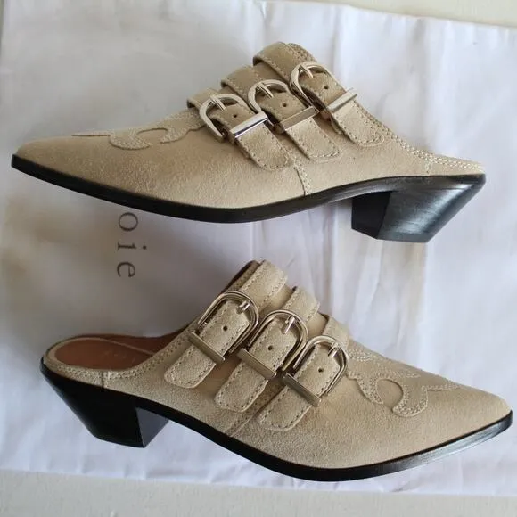 Joie Cabery Beige Western Buckles Block Heel Mule Shooties