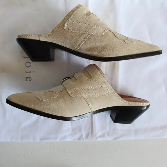 Joie Cabery Beige Western Buckles Block Heel Mule Shooties
